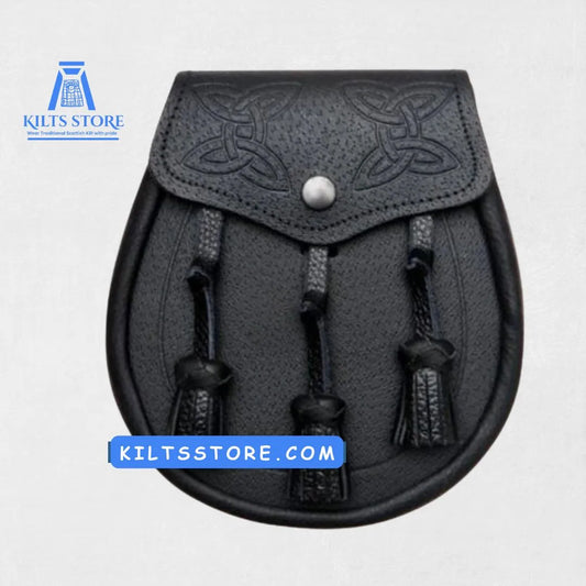 Front view of Premium Hand-Made Scottish Black Leather Kilt Sporran with tassels