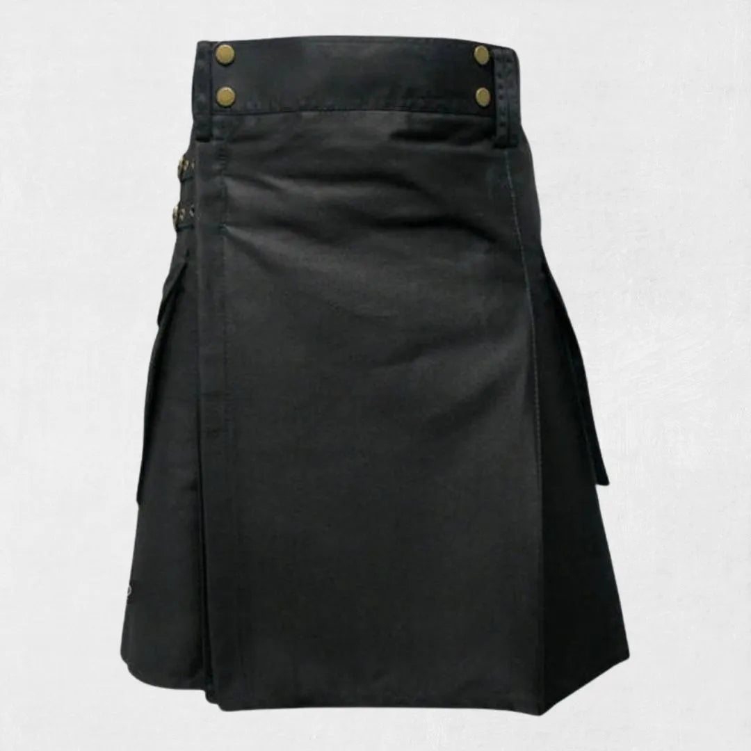 Hand-Made Scottish Black Utility Kilt – Front with Cargo Pockets and Adjustable Straps