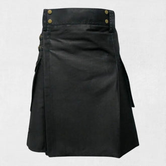 Hand-Made Scottish Black Utility Kilt – Front with Cargo Pockets and Adjustable Straps