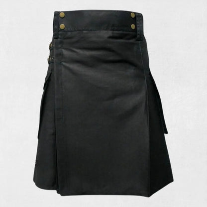 Hand-Made Scottish Black Utility Kilt – Front with Cargo Pockets and Adjustable Straps