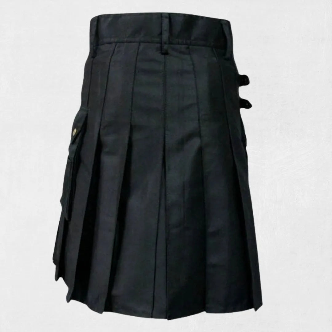 Hand-Made Scottish Black Utility Kilt – Back View with Pleats and Reinforced Details
