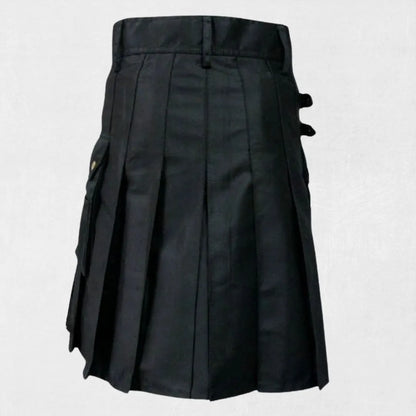 Hand-Made Scottish Black Utility Kilt – Back View with Pleats and Reinforced Details