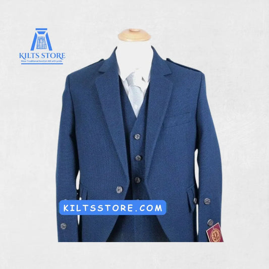 Front view of the Premium Hand-Made Scottish Blue Argyle Jacket with Vest, featuring the classic pattern and stylish, modern design.