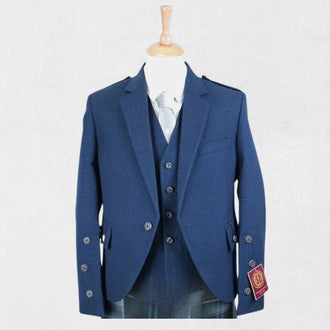 Front view of the Premium Hand-Made Scottish Blue Argyle Jacket with Vest, featuring the classic pattern and stylish, modern design.