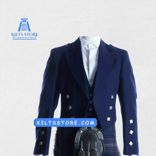 Front view of the Premium Hand-Made Scottish Blue Prince Charlie Jacket with Vest showcasing the classic Scottish design and modern tailored fit.