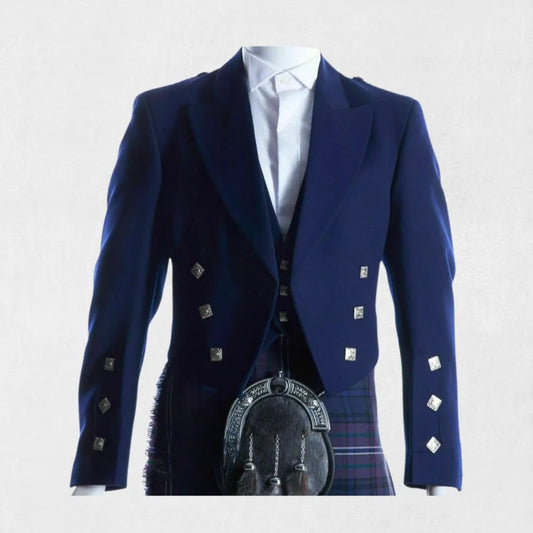 Front view of the Premium Hand-Made Scottish Blue Prince Charlie Jacket with Vest showcasing the classic Scottish design and modern tailored fit.