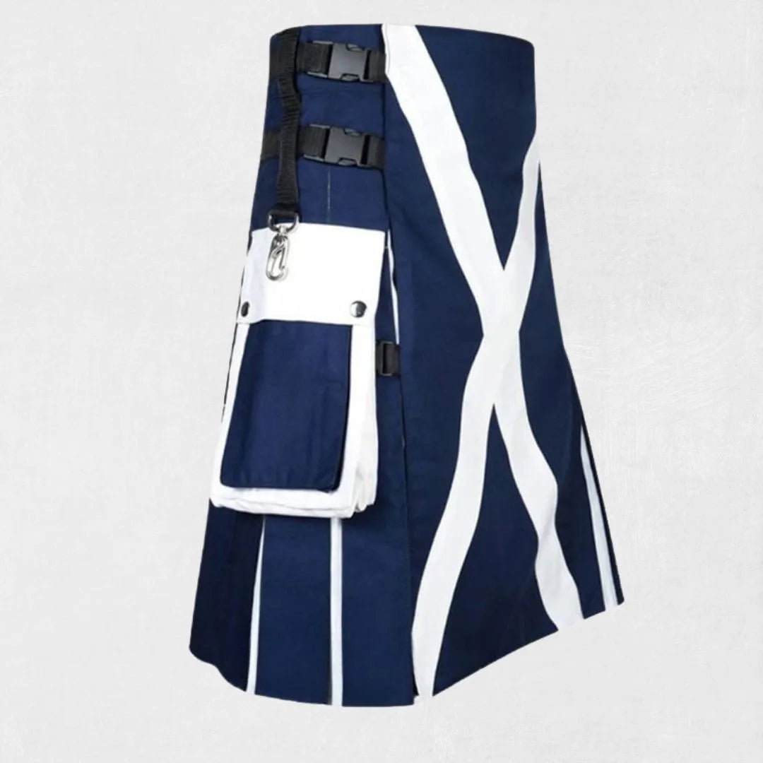 Hand-Made Scottish Blue White Utility Kilt – Side view with Cargo Pockets and Adjustable Straps