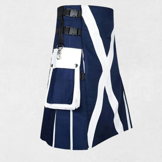 Hand-Made Scottish Blue White Utility Kilt – Side view with Cargo Pockets and Adjustable Straps
