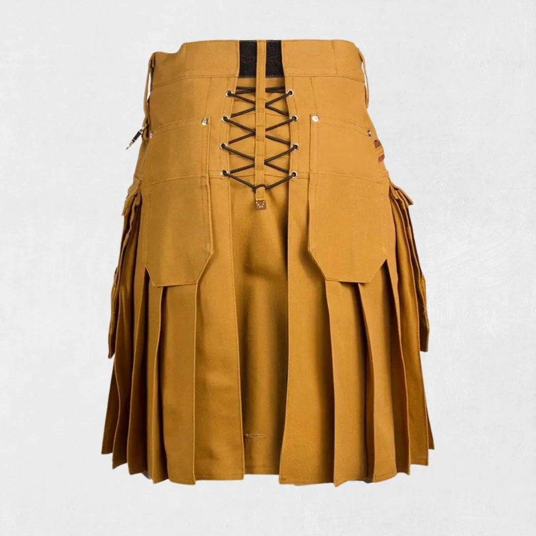 Hand-Made Scottish Brown Utility Kilt – Back View with Pleats and Reinforced Details