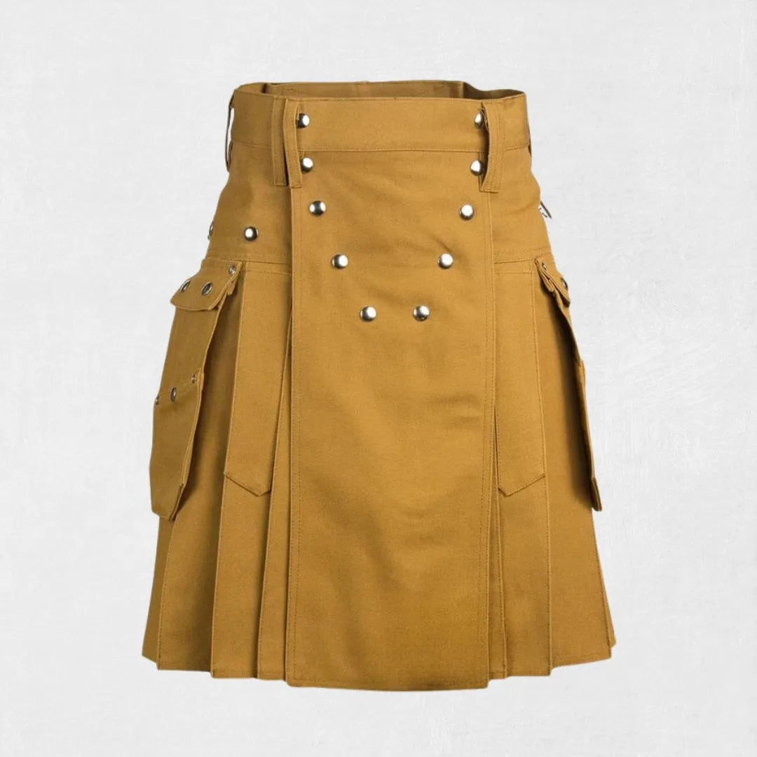 Hand-Made Scottish Brown Utility Kilt – Front with Cargo Pockets and Adjustable Straps