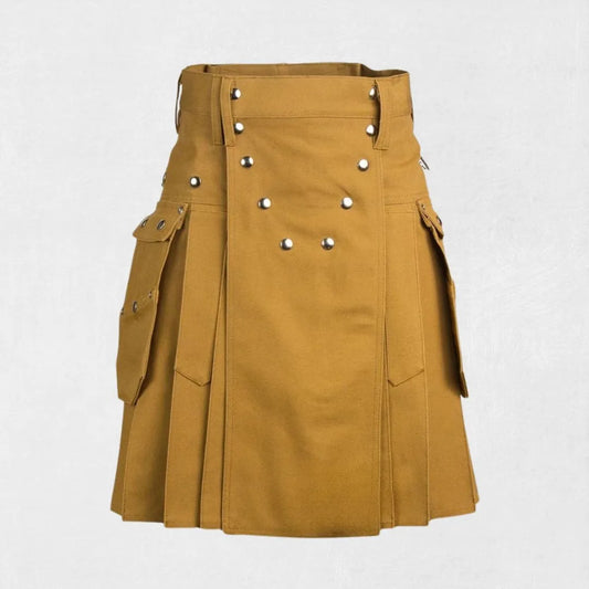 Hand-Made Scottish Brown Utility Kilt – Front with Cargo Pockets and Adjustable Straps