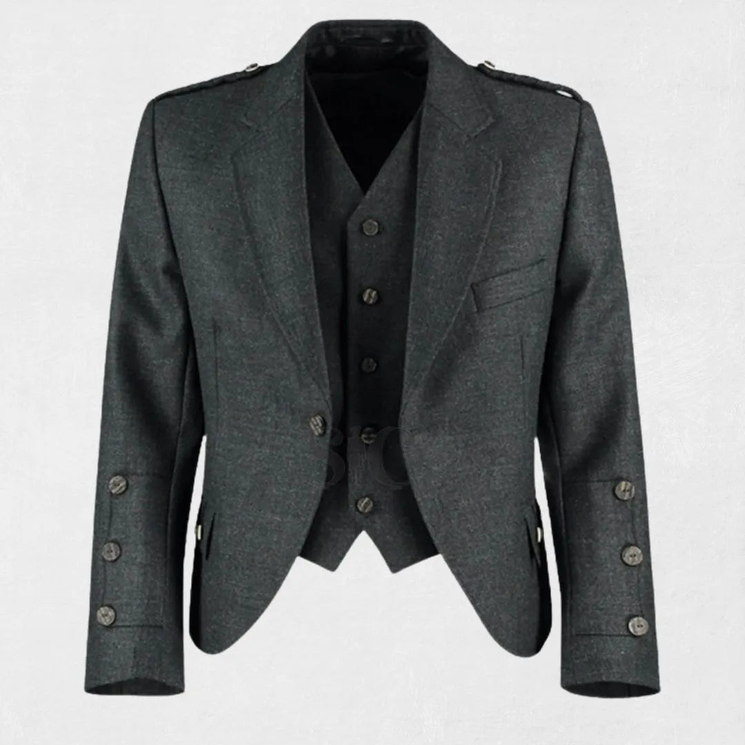 Front view of the Premium Handmade Scottish Charcoal Tweed Wool Argyle Jacket with Vest, showcasing its elegant argyle pattern and luxurious charcoal tweed material.