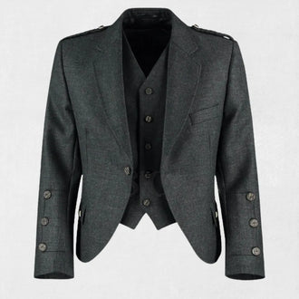 Front view of the Premium Handmade Scottish Charcoal Tweed Wool Argyle Jacket with Vest, showcasing its elegant argyle pattern and luxurious charcoal tweed material.