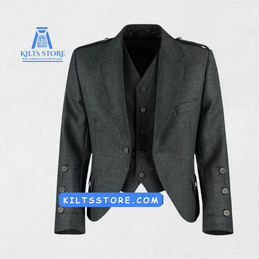 Front view of the Premium Handmade Scottish Charcoal Tweed Wool Argyle Jacket with Vest, showcasing its elegant argyle pattern and luxurious charcoal tweed material.