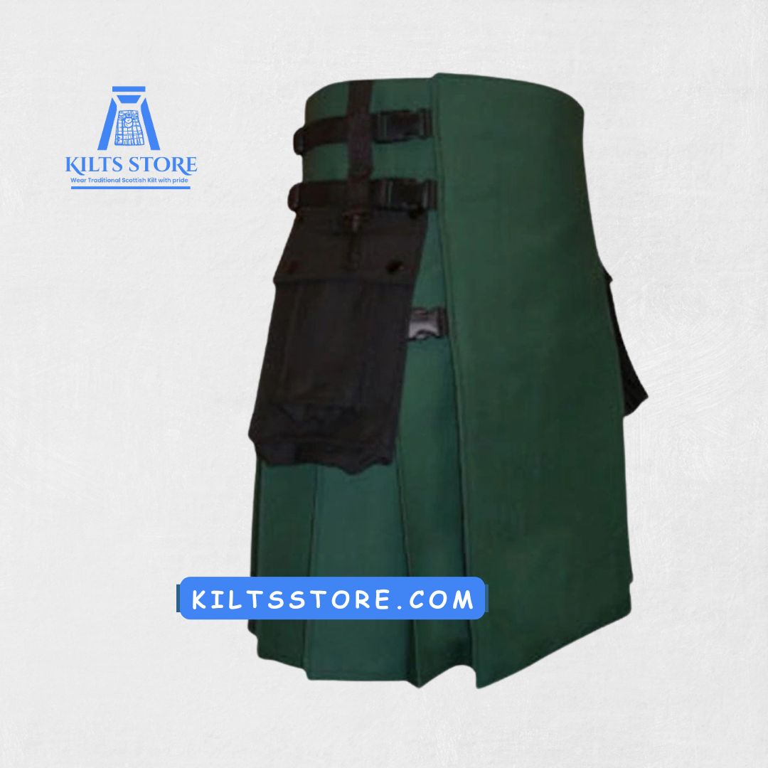 Hand-Made Scottish Green Utility Kilt – Back View with Pleats and Reinforced Details