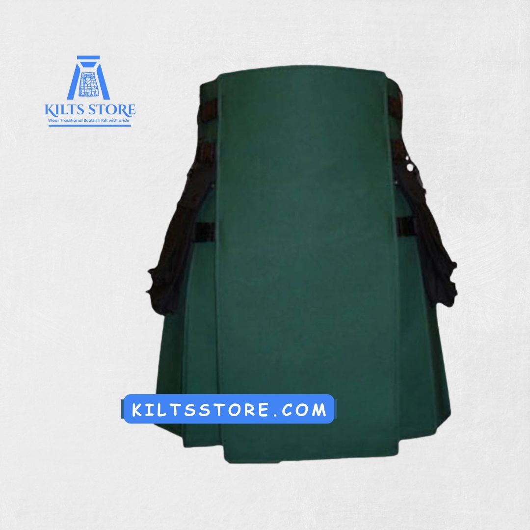 Hand-Made Scottish Green Utility Kilt – Front with Cargo Pockets and Adjustable Straps