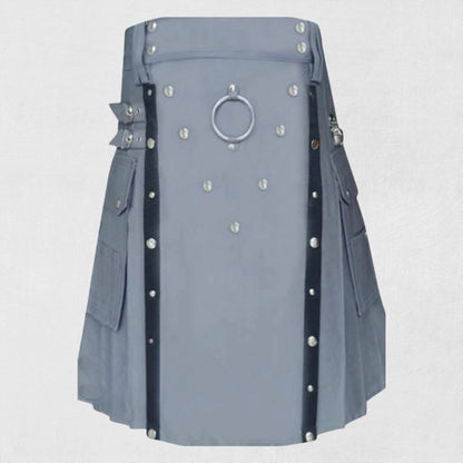 Front view of the Premium Quality Hand-Made Scottish Grey Utility Kilt, highlighting its sleek grey color, functional pockets, and durable fabric.
