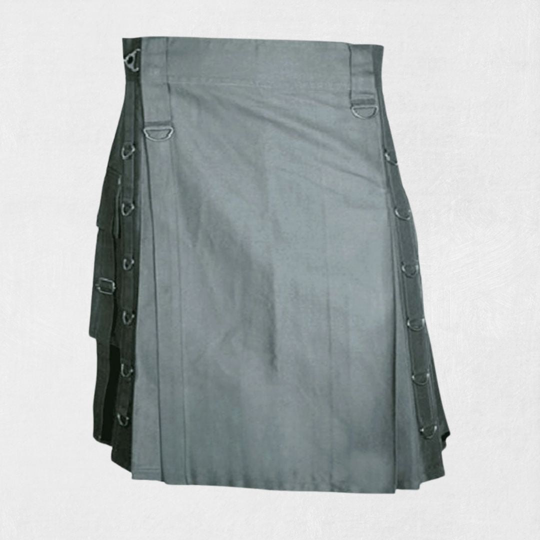 Front view of the Premium Quality Hand-Made Scottish Grey Utility Kilt, showcasing its sleek grey color, functional pockets, and tailored fit.

