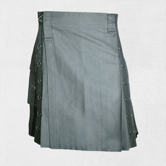 Front view of the Premium Quality Hand-Made Scottish Grey Utility Kilt, showcasing its sleek grey color, functional pockets, and tailored fit.
