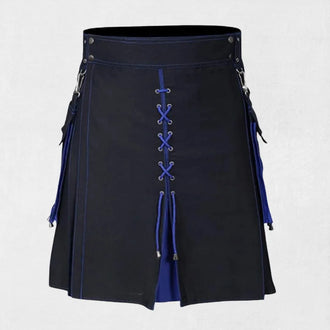 Front view of the Premium Quality Hand Made Scottish Hybrid Kilt showing the meticulous craftsmanship and hybrid design features.