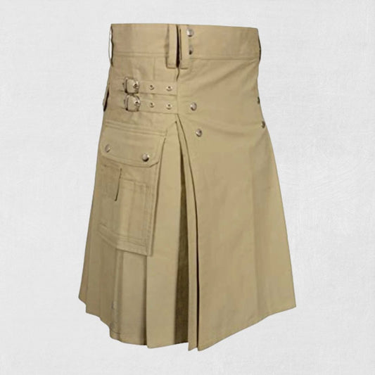 Front view of the Premium Quality Hand-Made Scottish Khaki Utility Kilt, showcasing the sleek khaki color, functional pockets, and durable fabric.
