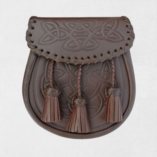 Front view of Premium Hand-Made Scottish Leather Kilt Sporran with tassels and flap.