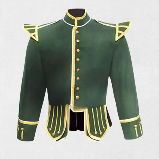Front view of the Premium Quality Hand-Made Scottish Military Drummer Doublet Jacket, showcasing ornate buttons, tailored fit, and military-inspired design.