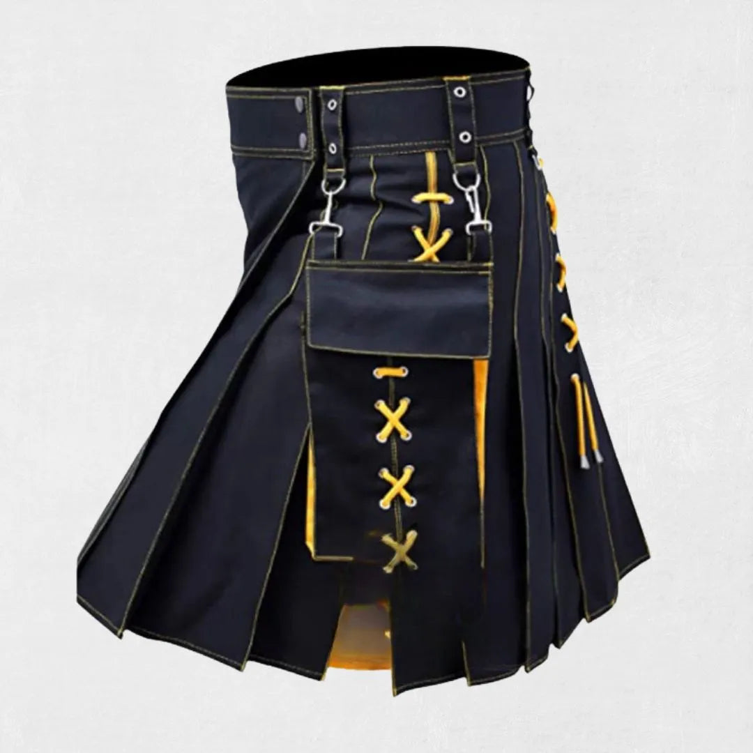 Side view of the Premium Quality Hand Made Scottish Modern Hybrid Kilt emphasizing its sleek fit and expert craftsmanship.