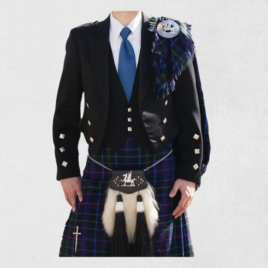 Front view of the Premium Quality Hand-Made Scottish Prince Charlie Jacket with Three-Button Vest, showcasing its tailored fit, detailed button closures, and satin trim.
