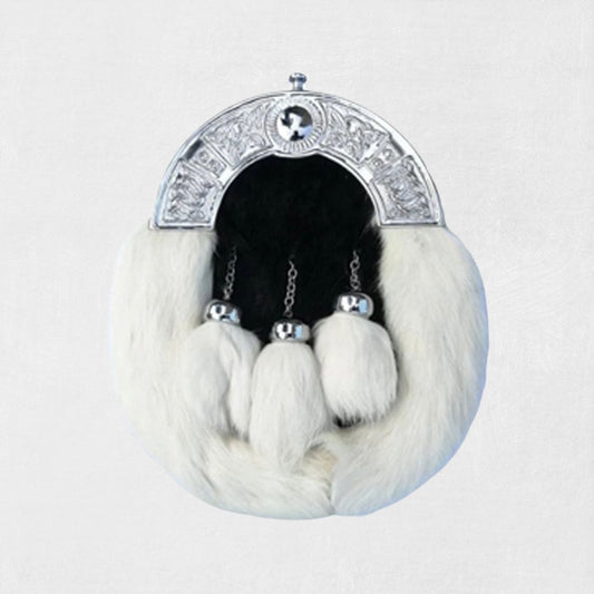 Front view of grey rabbit fur full dress sporran with chrome cantle and tassels
