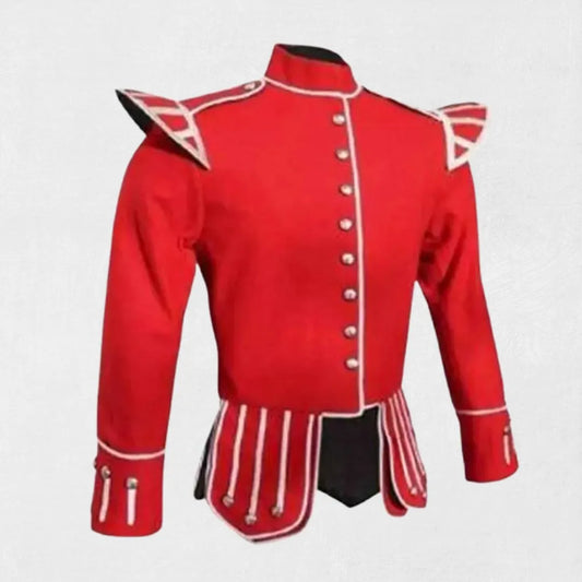 Front view of the Premium Quality Hand-Made Scottish Red Military Drummer Doublet, showcasing its vibrant red color, ornate buttons, and tailored fit.