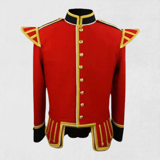 Front view of the Premium Quality Hand-Made Scottish Red Military Drummer Doublet, showcasing its vibrant red color, ornate button closures, and tailored design.