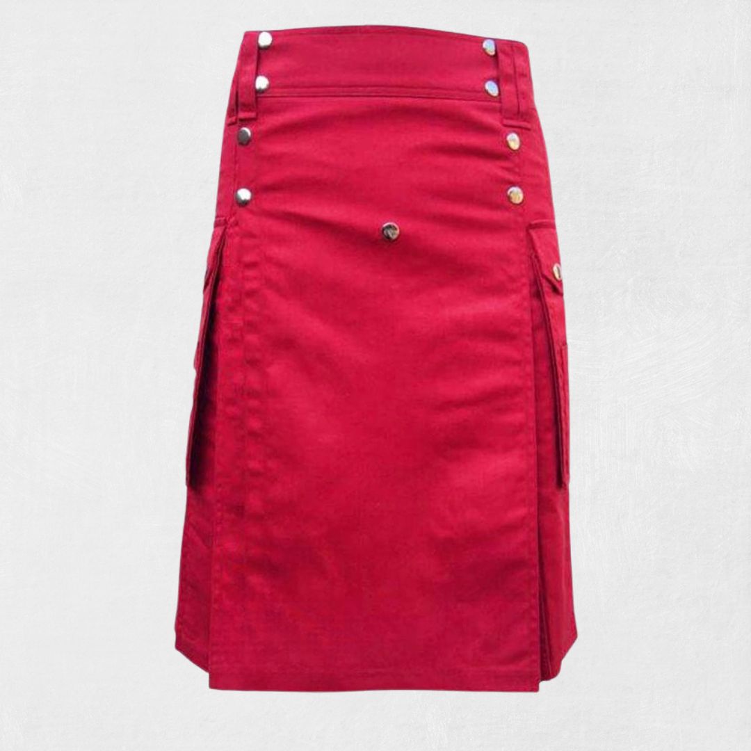 Front view of the Premium Quality Hand-Made Scottish Red Utility Kilt, showcasing the vibrant red color, functional pockets, and durable fabric.
