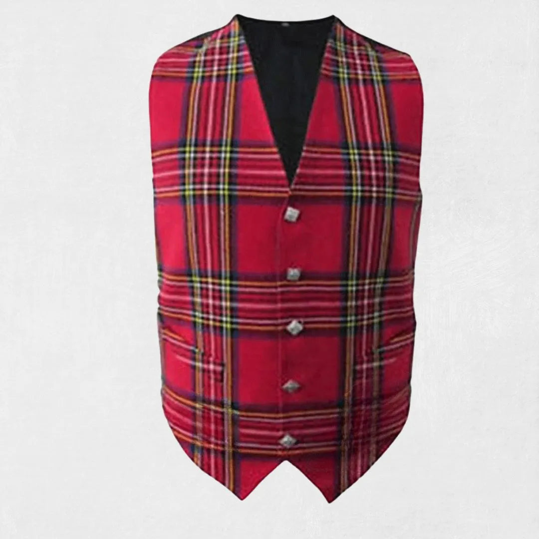 Front view of handmade Royal Stewart tartan waistcoat in classic red pattern