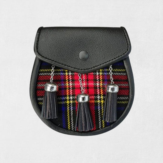 Front view of handmade Scottish tartan kilt sporran with leather flap and tassels
