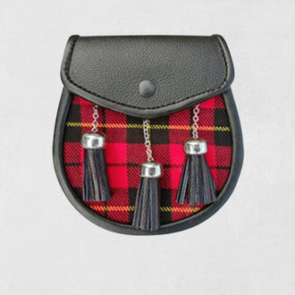 Front view of handmade Scottish tartan kilt sporran with flap and tassels