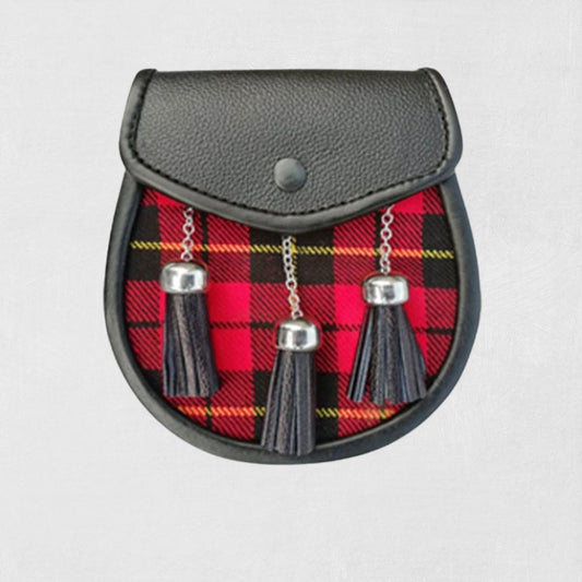Front view of handmade Scottish tartan kilt sporran with flap and tassels