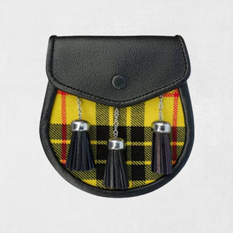 Front view of handmade Scottish tartan kilt sporran with tassels and flap design