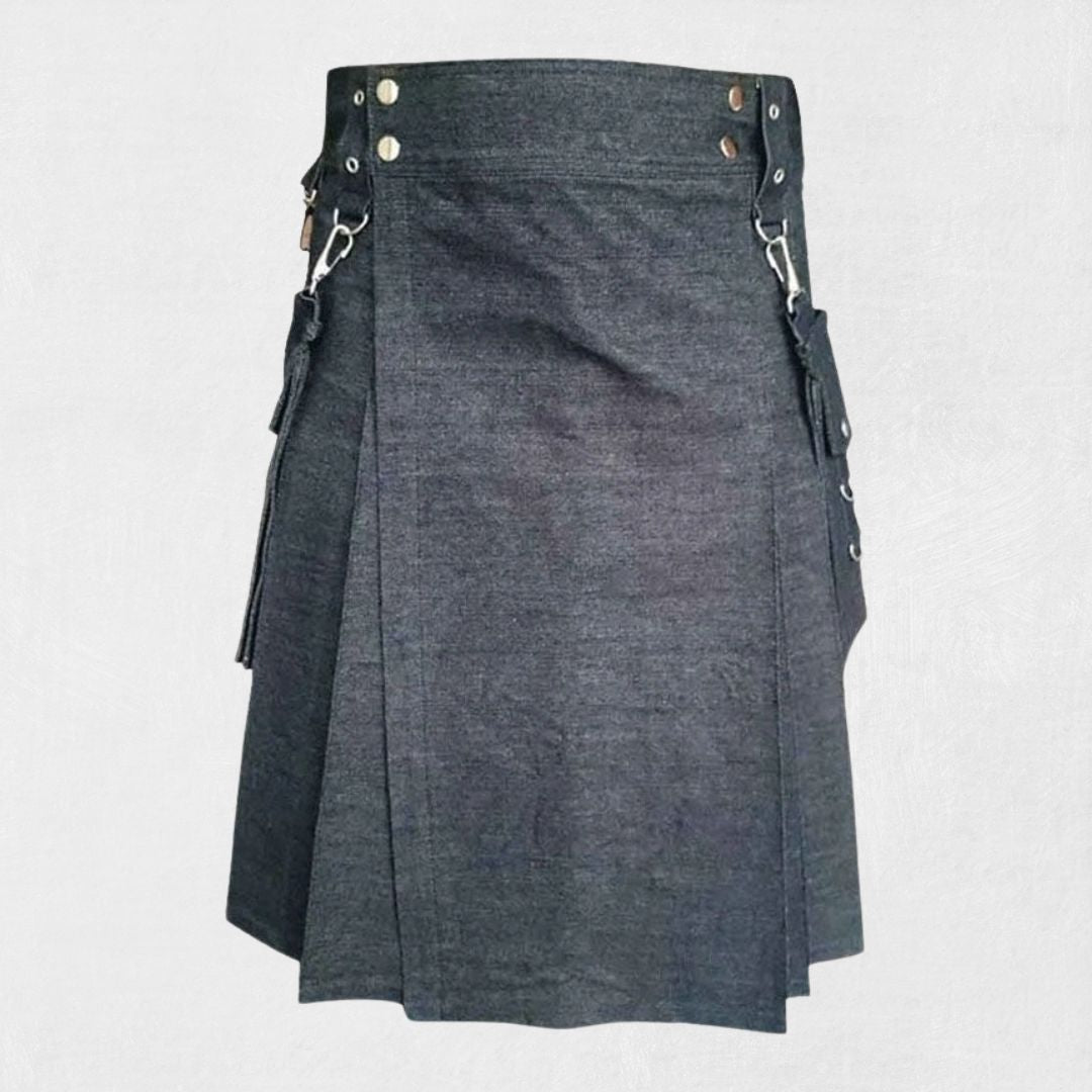 Front view of the Premium Quality Hand-Made Scottish Utility Kilt, showcasing functional pockets, sleek design, and durable fabric.
