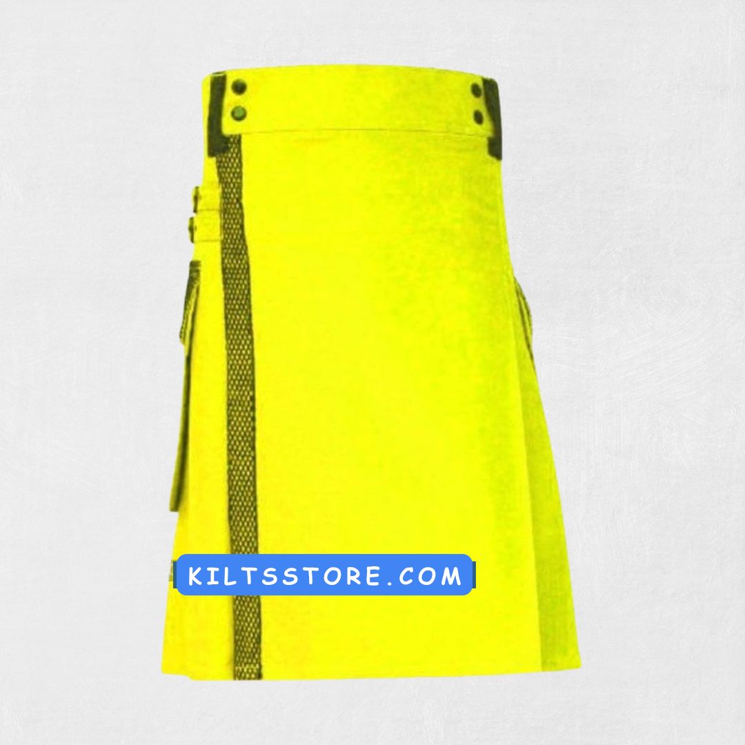 Front view of the Premium Quality Hand-Made Scottish Yellow Utility Kilt, showcasing the vibrant yellow color, deep pockets, and durable fabric.
