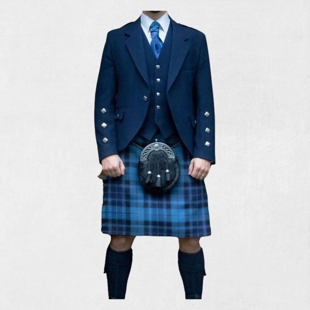 Front view of the Premium Quality Hand-Made Traditional Blue Argyle Jacket with Vest, highlighting the sharp blue Argyle pattern, tailored fit, and refined design.