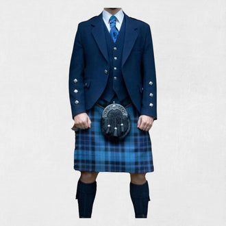 Front view of the Premium Quality Hand-Made Traditional Blue Argyle Jacket with Vest, highlighting the sharp blue Argyle pattern, tailored fit, and refined design.