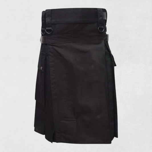 Front view of the Premium Quality Hand-Made Traditional Scottish Black Cotton Black Watch Hybrid Kilt, showcasing the sleek black cotton fabric and Black Watch tartan pattern.
