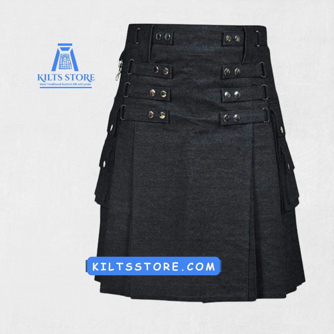 Front view of Premium Quality Hand-Made Black Denim Kilt with pleats and leather straps