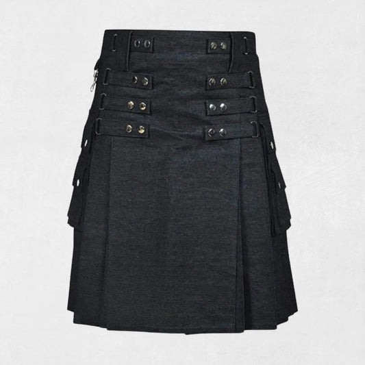 Front view of Premium Quality Hand-Made Black Denim Kilt with pleats and leather straps.