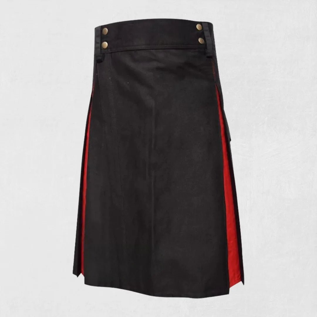 Front view of the Premium Quality Hand-Made Traditional Scottish Black & Red Cotton Hybrid Kilt, showcasing the bold black and red colors.