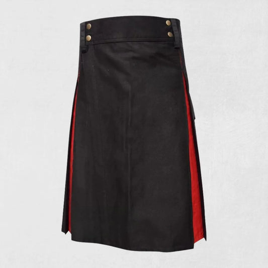 Front view of the Premium Quality Hand-Made Traditional Scottish Black & Red Cotton Hybrid Kilt, showcasing the bold black and red colors.