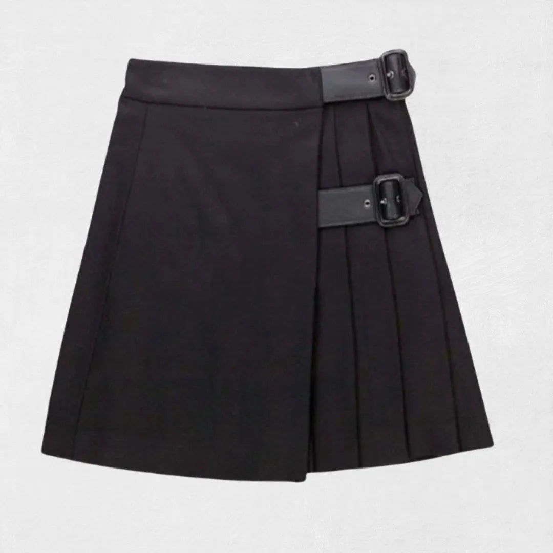 Front view of Hand Made Traditional Scottish Black Women Utility Kilt with pockets and adjustable straps