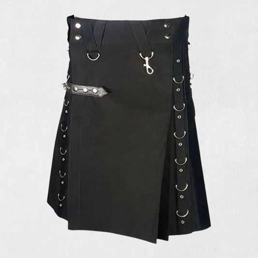 Black utility kilt with metal accents on white background, featuring Kiltsstore branding.