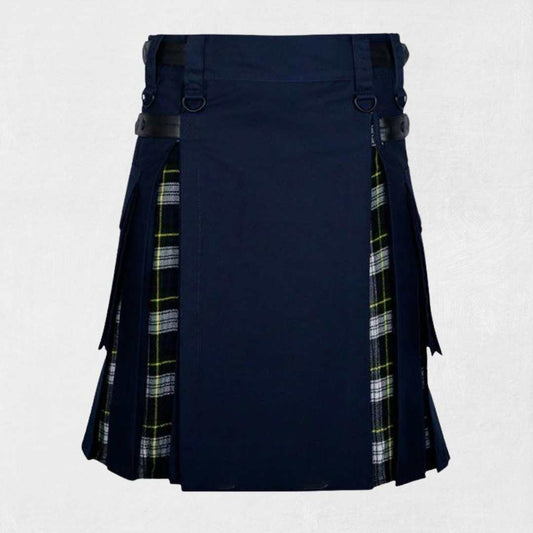 Navy blue kilt with plaid accents on a white background